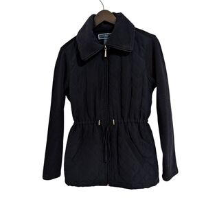 Karen Scott Quilted Jacket Zipper High Neck Adjustable Waist Women's S Navy